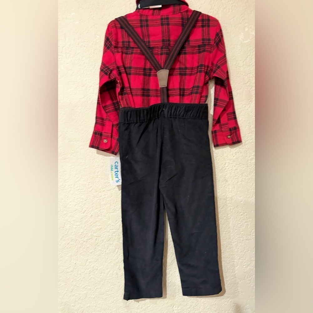 Carter's baby boy's red plaid shirt and black suspender pants outfit set. 3T - Picture 3 of 8